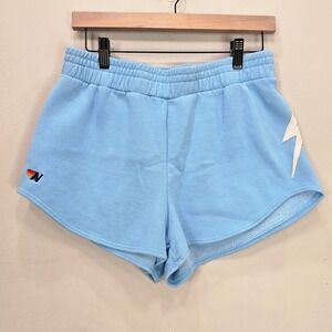 Aviator Nation Women's Sweat Shorts Blue Lightning Bolt Embroidered Casual